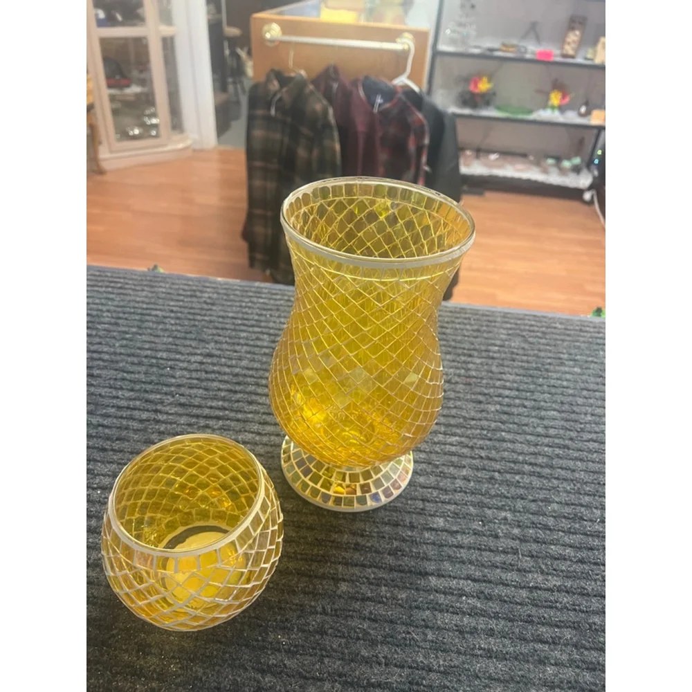 Yellow Mosaic Glass Hurricane Vase and Votive Set EUC Vintage Decor